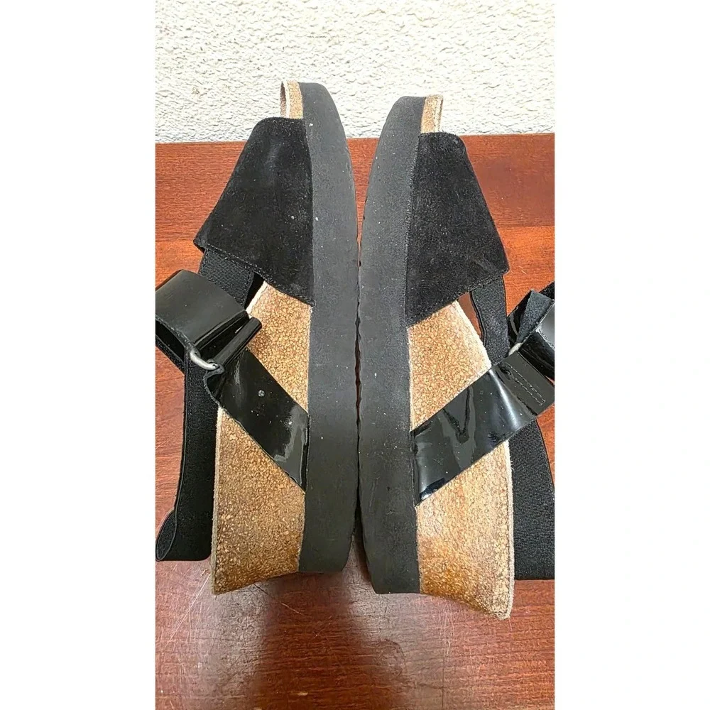 Papillio by Birkenstock Black Suede & Patent Leather Strap Wedge Sandals Size 37